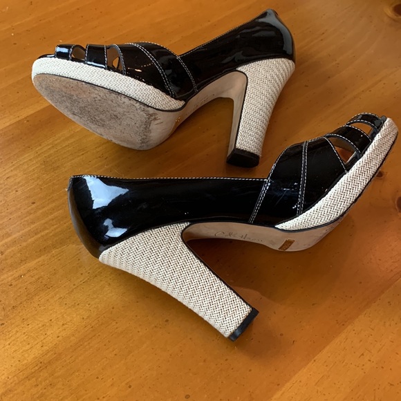 Cole Haan Black Patten Leather & Sisal Platform Heel Pumps Size 9B - Picture 2 of 13